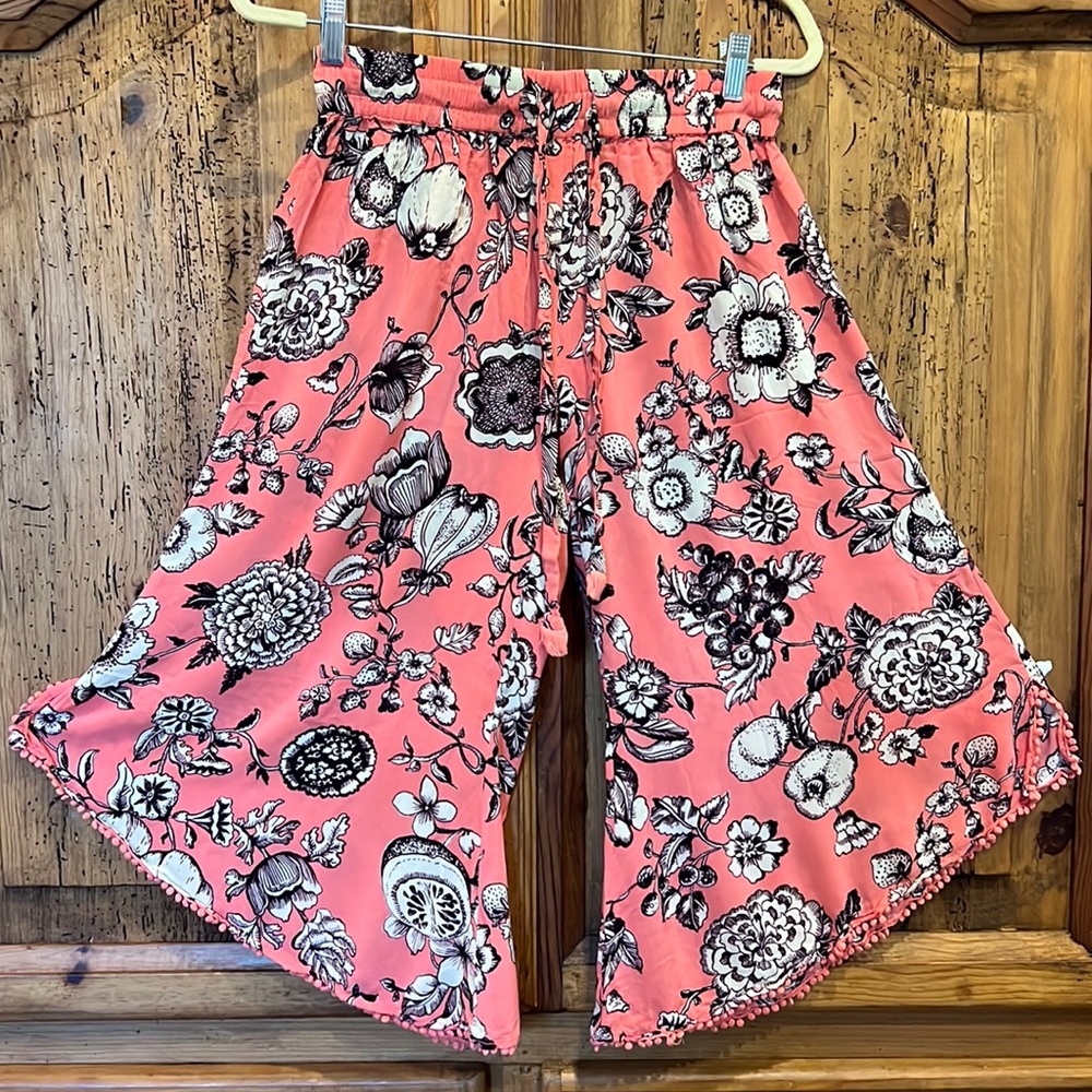 Anthropologie Pink Coral Floral Tie-Waist Wide Leg Pants - Picture 3 of 10